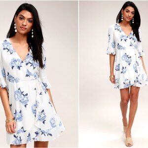Pretty Peony Blue and White Floral Print Wrap Dress